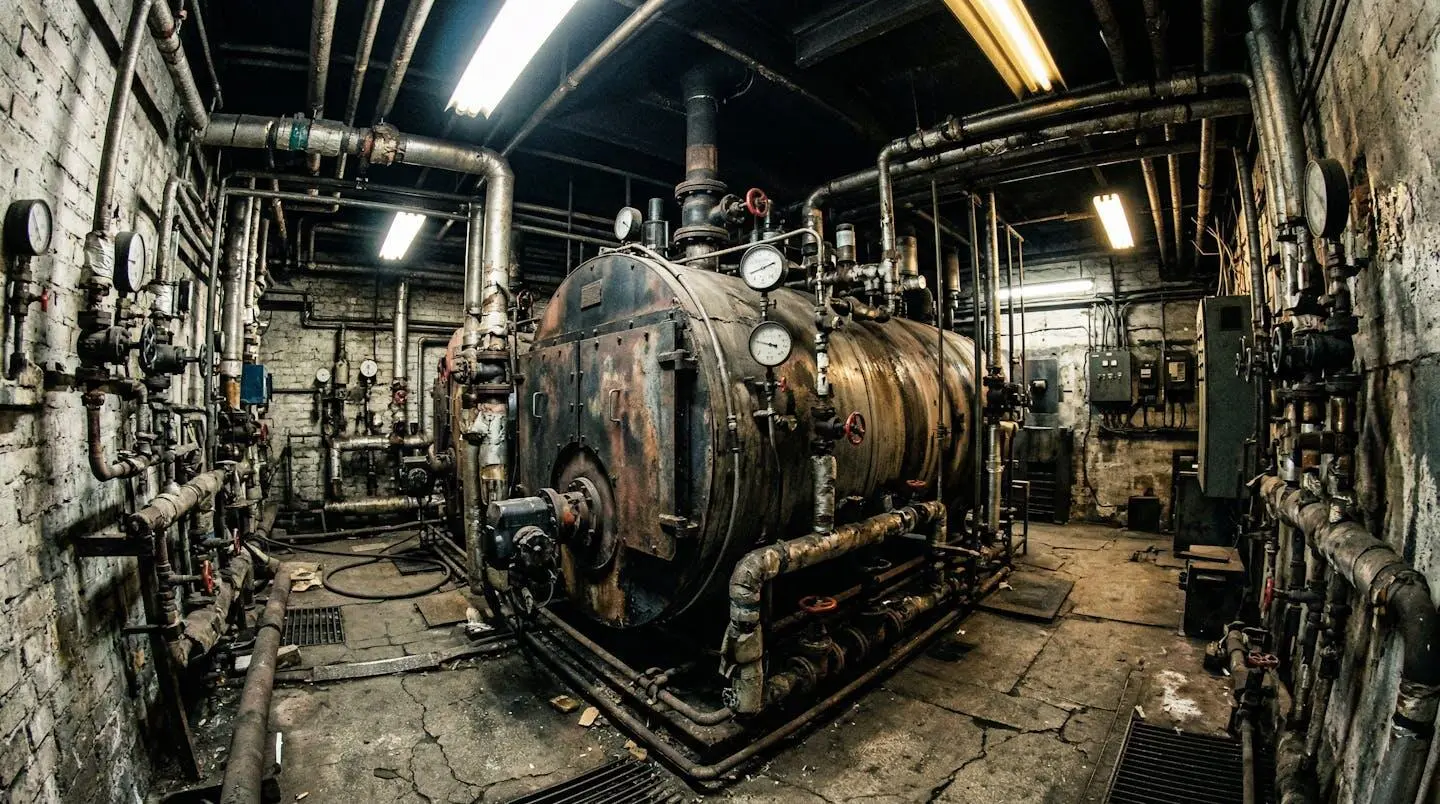 Vue d'un local technique de copropriété avec des tuyaux métalliques, des compteurs et une chaudière collective légèrement vétuste sous un éclairage industriel
