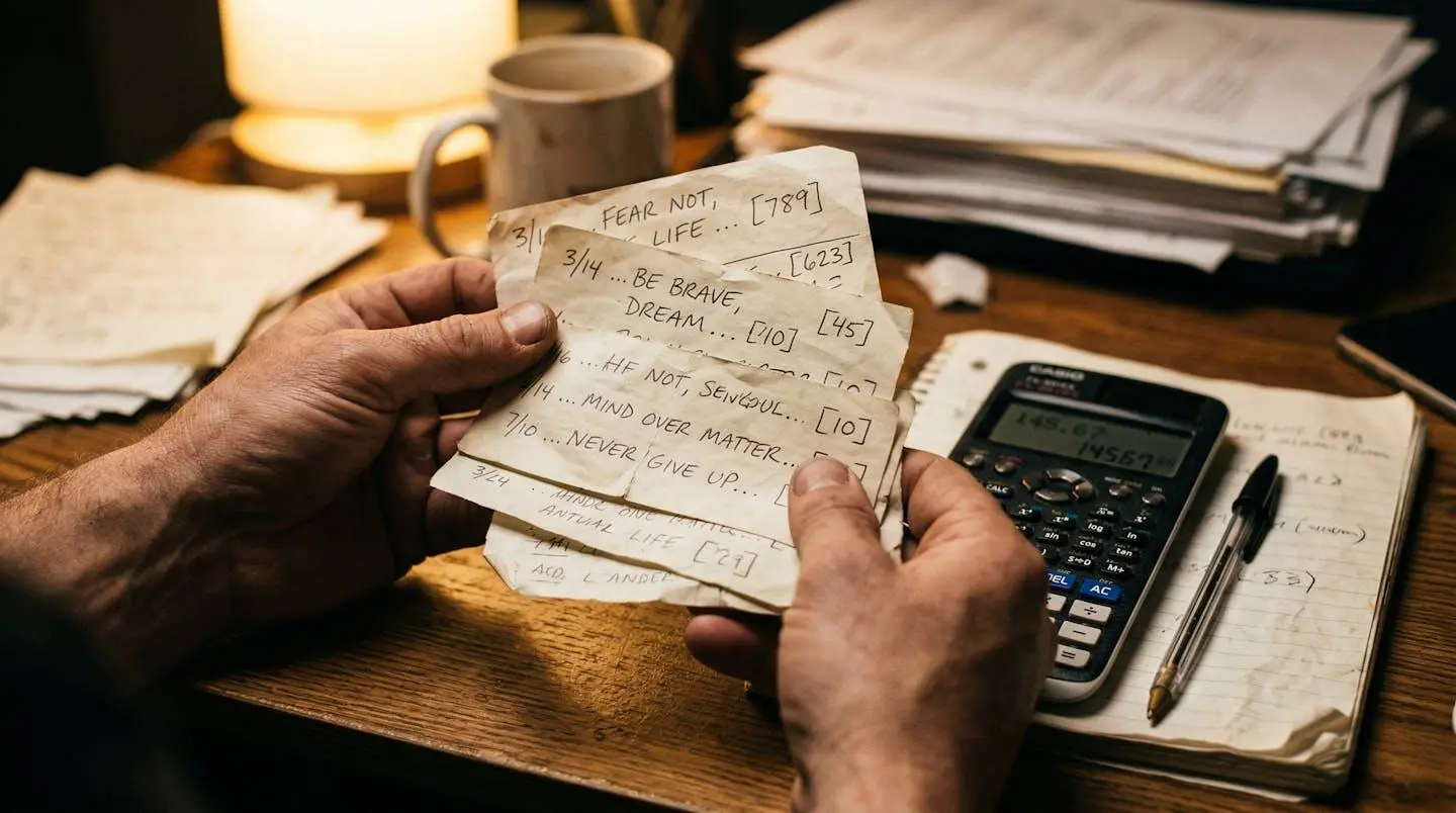 Mains tenant plusieurs devis papier avec des chiffres partiellement visibles, à côté d'une calculatrice et d'un stylo sur un bureau