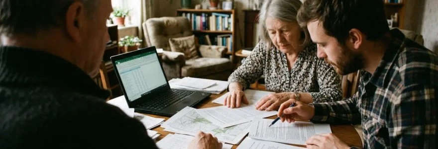 Trois personnes assises autour d'une table de salon examinent des documents papier et un ordinateur portable lors d'une réunion de copropriété