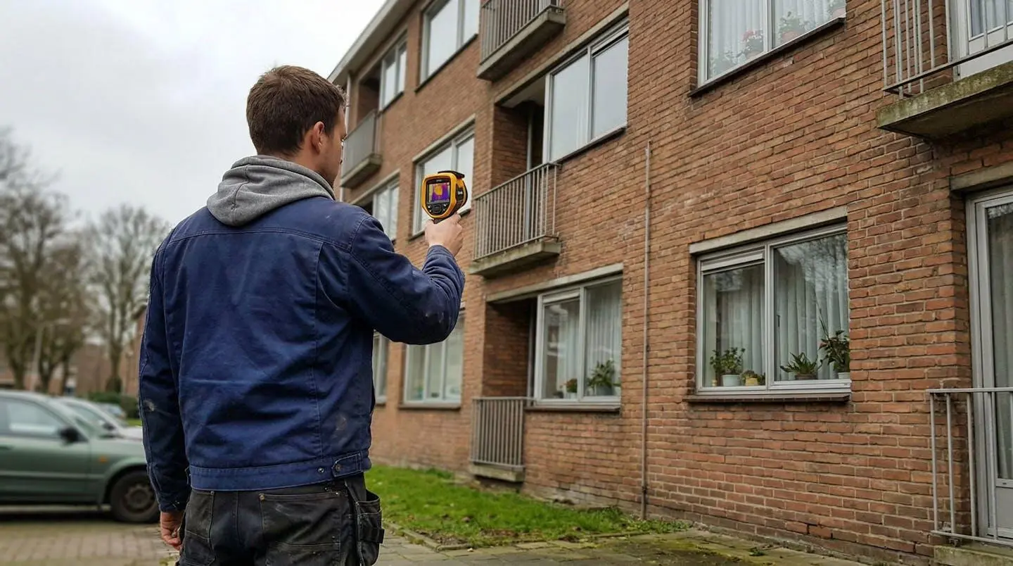 Un technicien vu de dos tient un appareil de mesure thermique devant la façade d'un immeuble résidentiel des années 1980 sous un ciel légèrement couvert