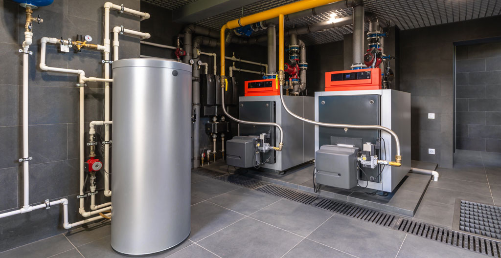 Vue d'un local technique de copropriété avec des tuyaux métalliques, des compteurs et une chaudière collective légèrement vétuste sous un éclairage industriel