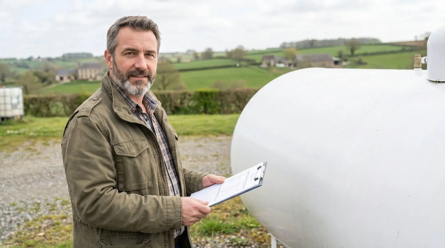 Dirigeant d'un atelier de production en zone industrielle non raccordée au gaz naturel, debout près d'une citerne de propane extérieure, consultant un document de suivi énergétique