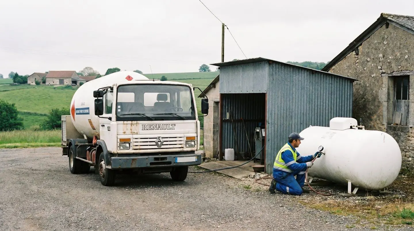 Camion-citerne de livraison de propane arrivant sur le site d'une entreprise rurale, avec une citerne blanche installée en extérieur et un technicien supervisant l'opération