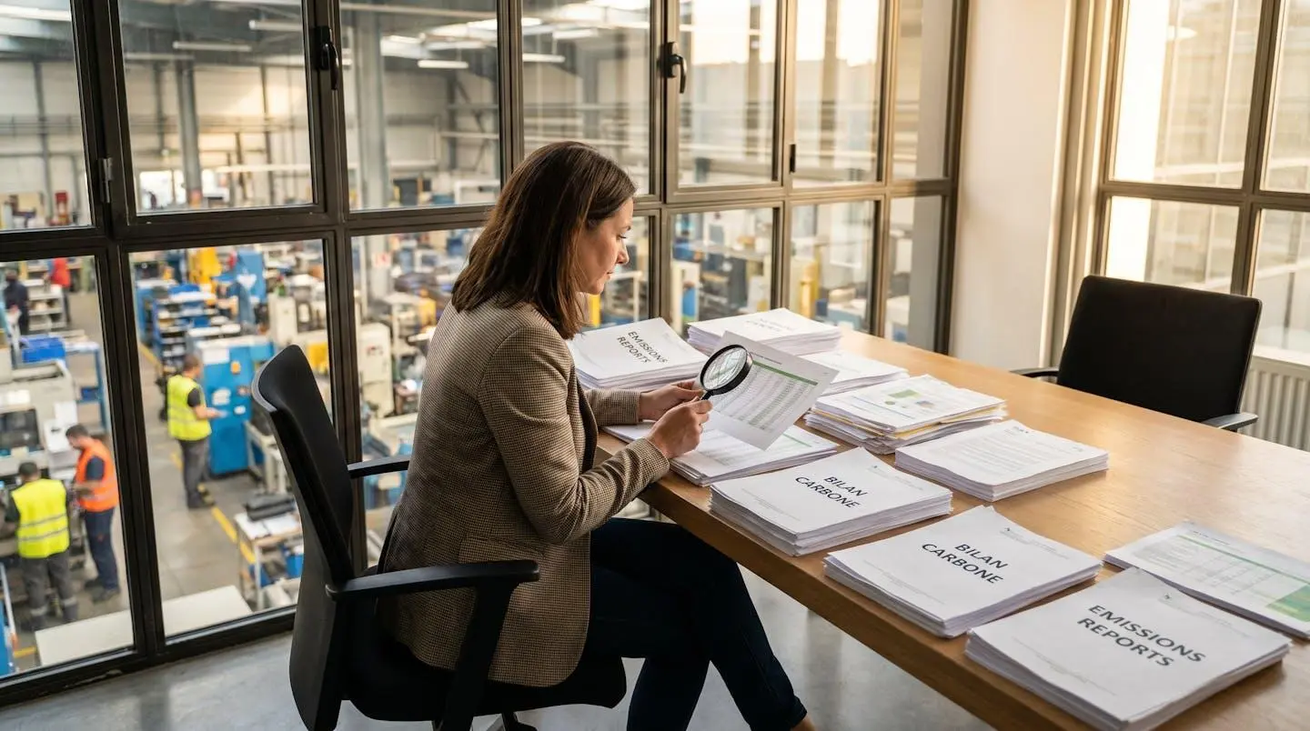 Responsable RSE d'une entreprise industrielle analysant un bilan carbone énergétique sur un document, dans un open space avec des fenêtres donnant sur un site de production