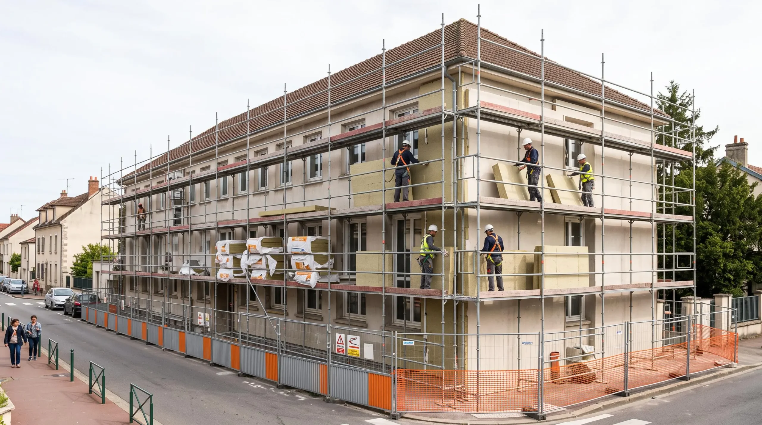 Chantier de rénovation énergétique avec travaux d'isolation thermique par l'extérieur sur la façade d'un bâtiment tertiaire