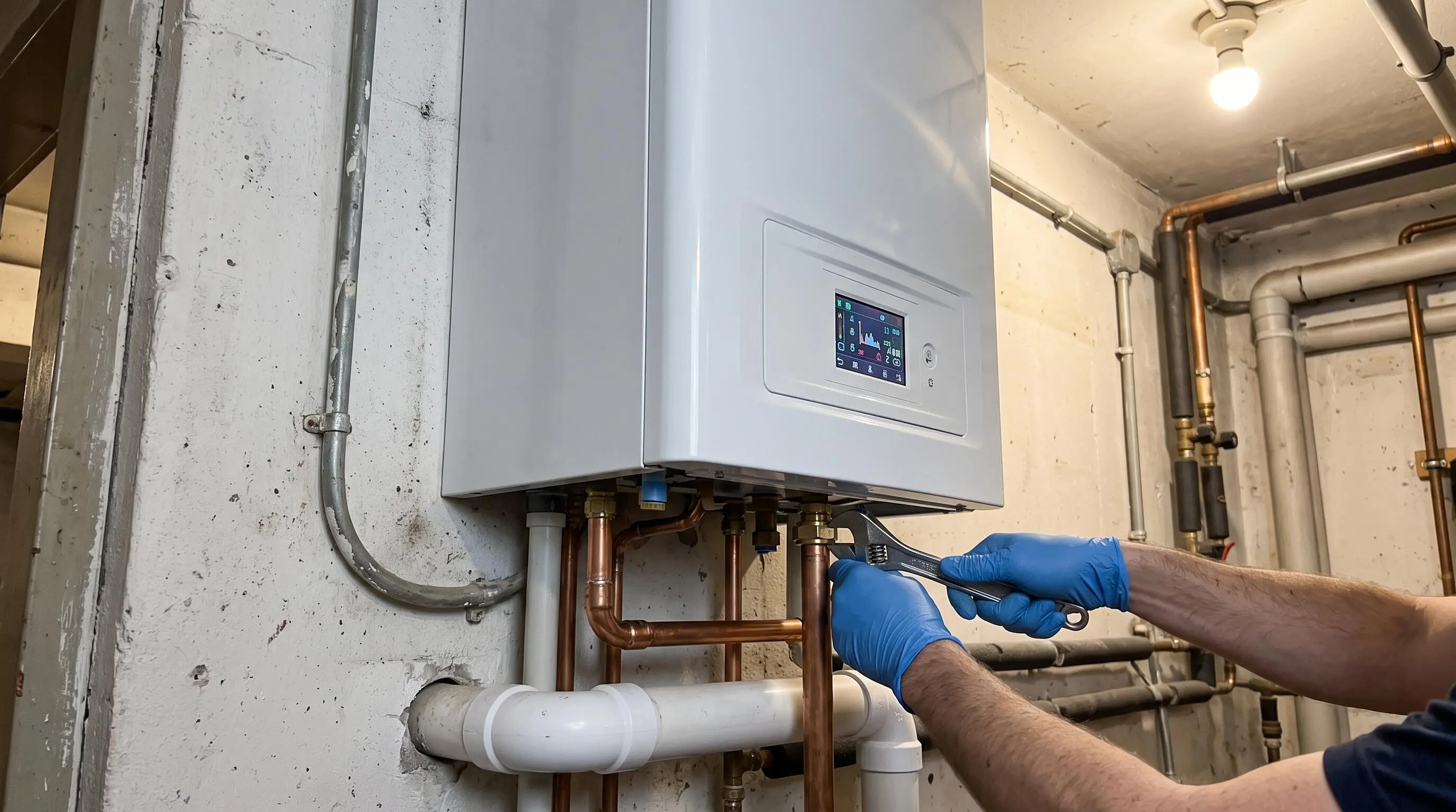 Technicien chauffagiste installant une chaudière à condensation performante dans la chaufferie d'un bâtiment professionnel