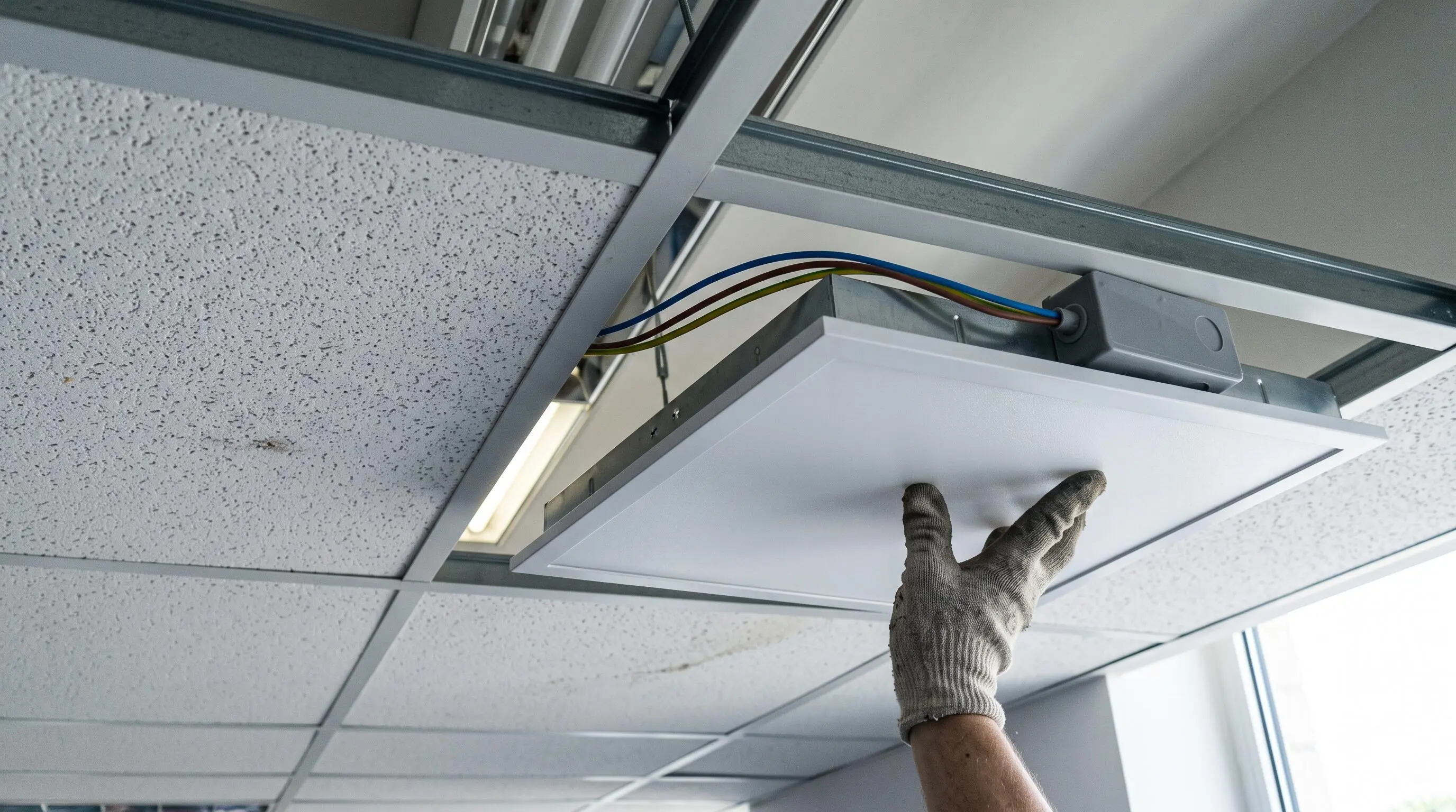 Électricien installant des luminaires LED performants dans un espace de bureaux lors d'une rénovation énergétique