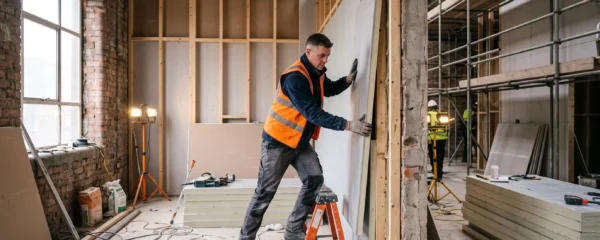 Technicien installant des panneaux d'isolation thermique sur un mur intérieur lors de travaux de rénovation énergétique d'un bâtiment tertiaire