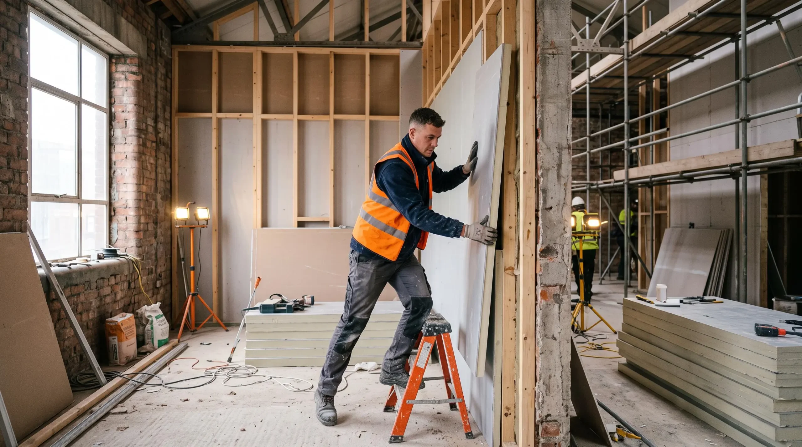 Technicien installant des panneaux d'isolation thermique sur un mur intérieur lors de travaux de rénovation énergétique d'un bâtiment tertiaire